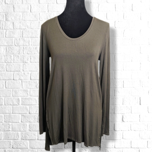 Pretty Olive Green Solid Long Sleeve High Low Tunic Top Stretchy Flowy T8 - Picture 4 of 7